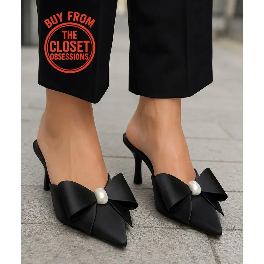 ZARA Black Satin Bow Pearl Slingback Heels NWT Pointed Toe Size 6.5